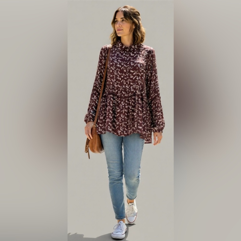 Lucky Brand Lacy Floral Design Tunic Babydoll Top Burgundy